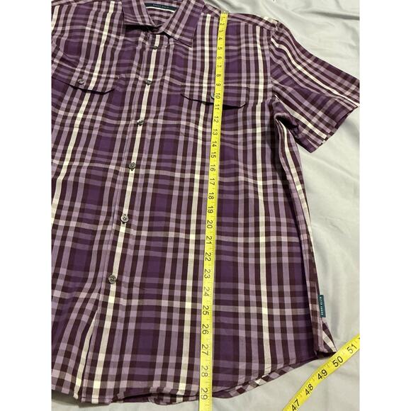 PERRY ELLIS Men's Shirt Large Violet white Plaid Short Sleeve Linen Cotton - Picture 7 of 8